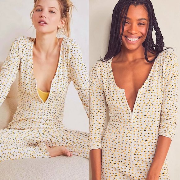 Free People Intimately Disty Floral Ivory Home Alone Long Johns - Picture 1 of 9